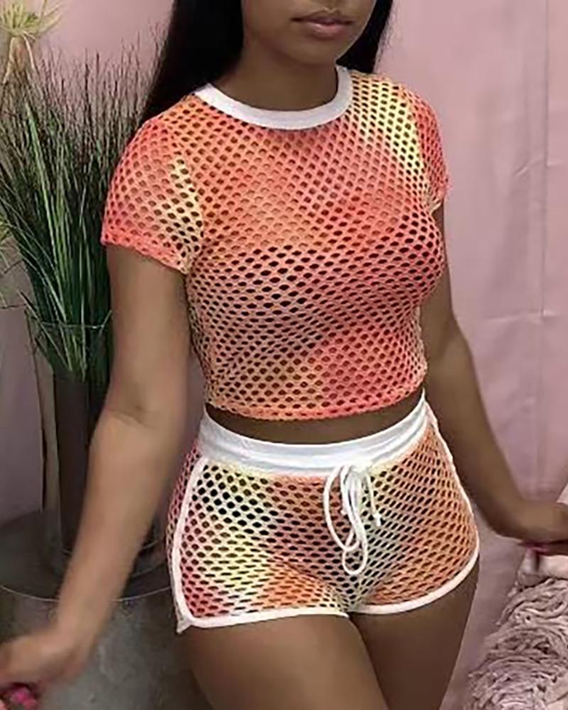 

Tie Dye Print Fishnet Top & Drawstring Shorts Set, Orange