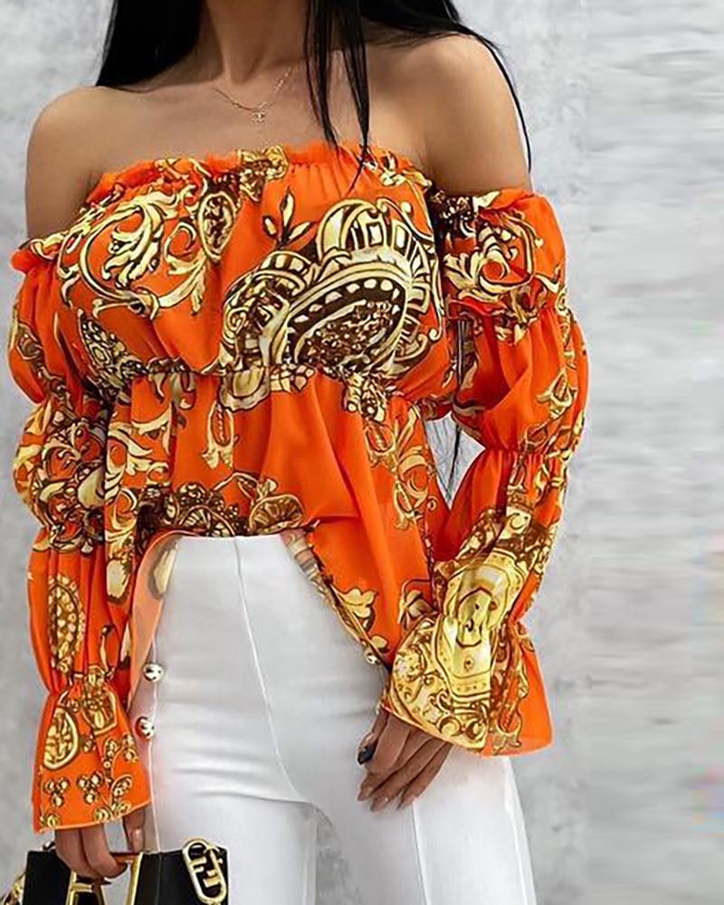 

Baroque Print Off Shoulder Bell Sleeve Top, Orange