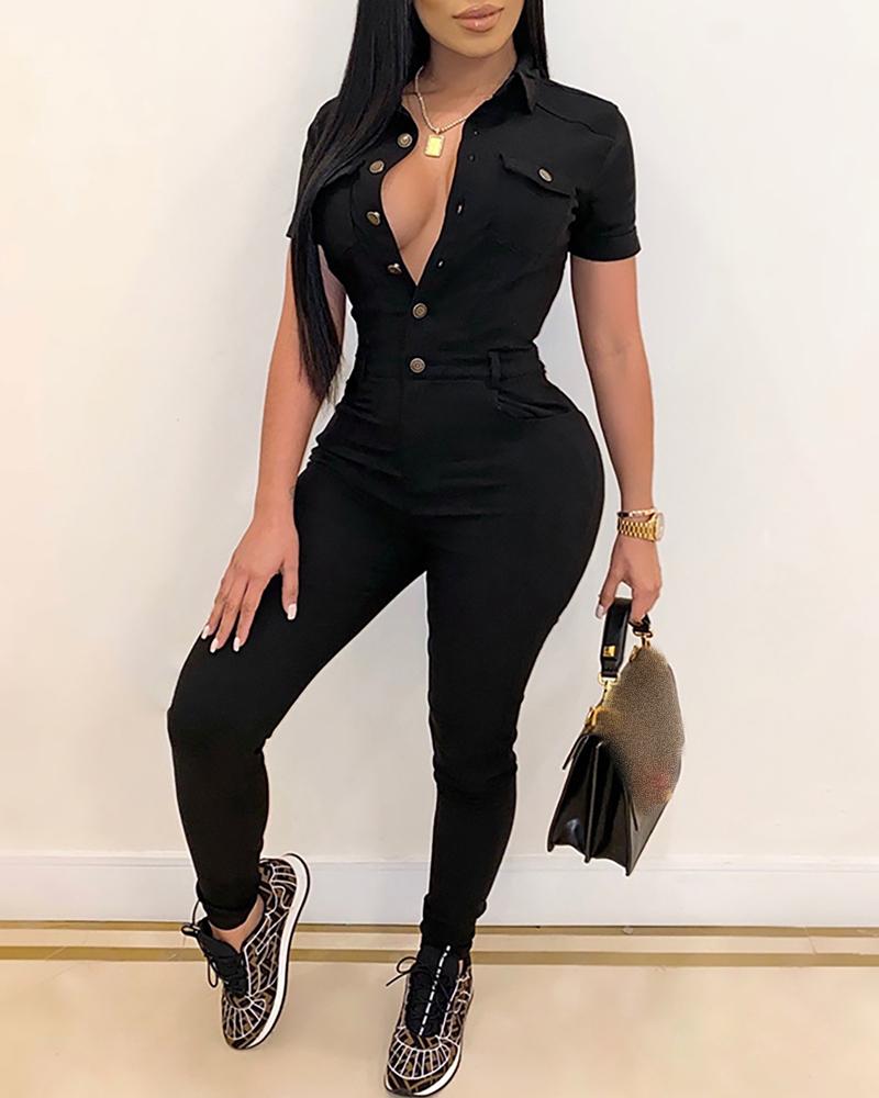 

Buttoned Short Sleeve Skinny Jumpsuit, Black