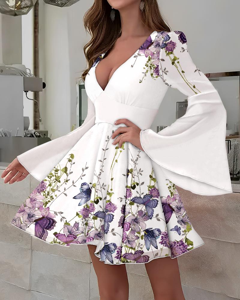 

Butterfly Floral Print Bell Sleeve Dress, White