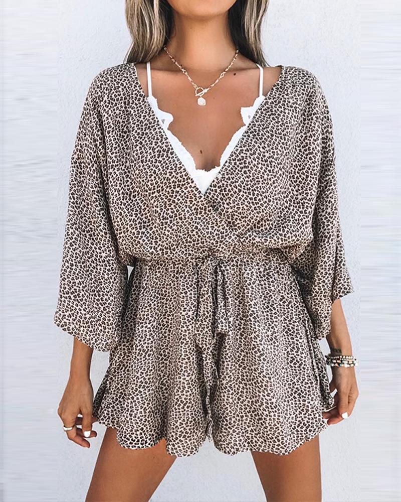 

Leopard Print Batwing Sleeve Chiffon Romper