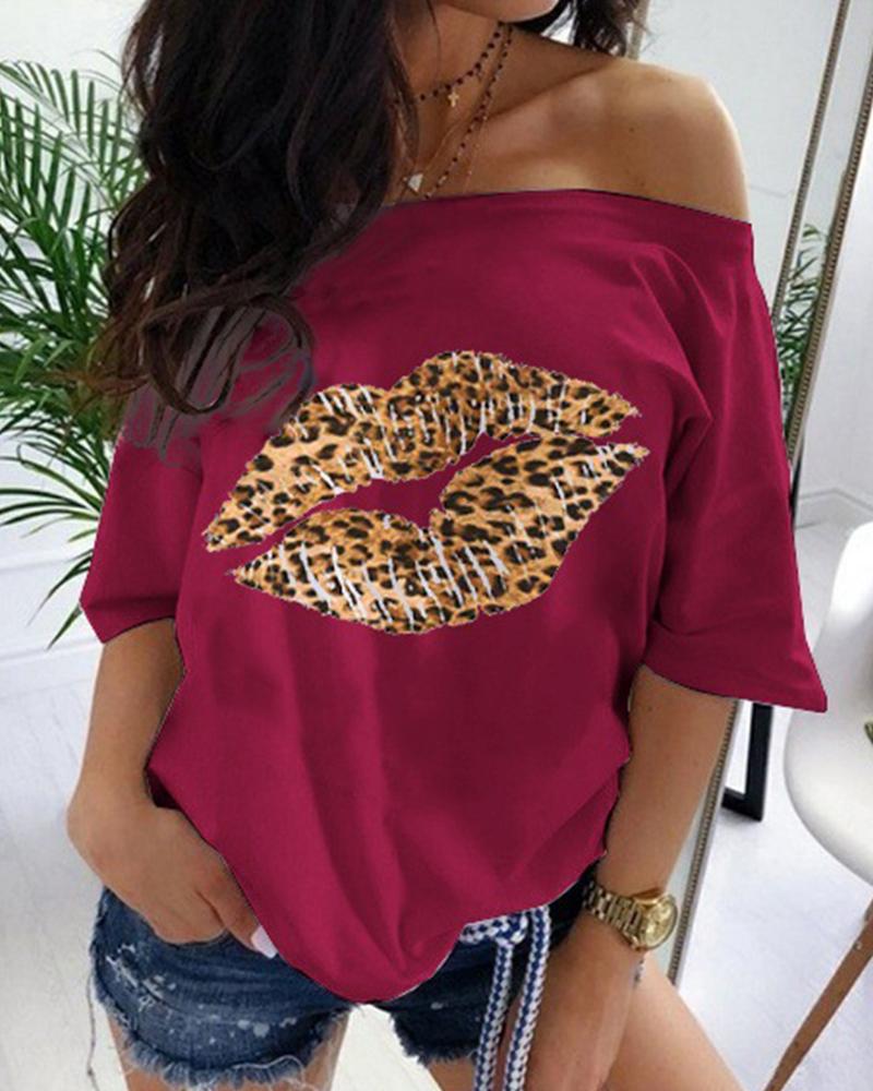 

Lip Letter Print Off Shoulder Long Sleeve Blouse, Red