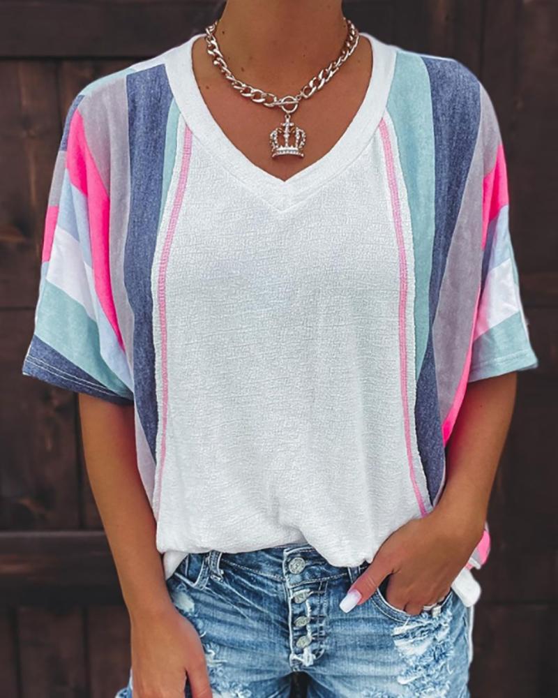 

Striped Print Colorblock Half Sleeve T-shirt, White
