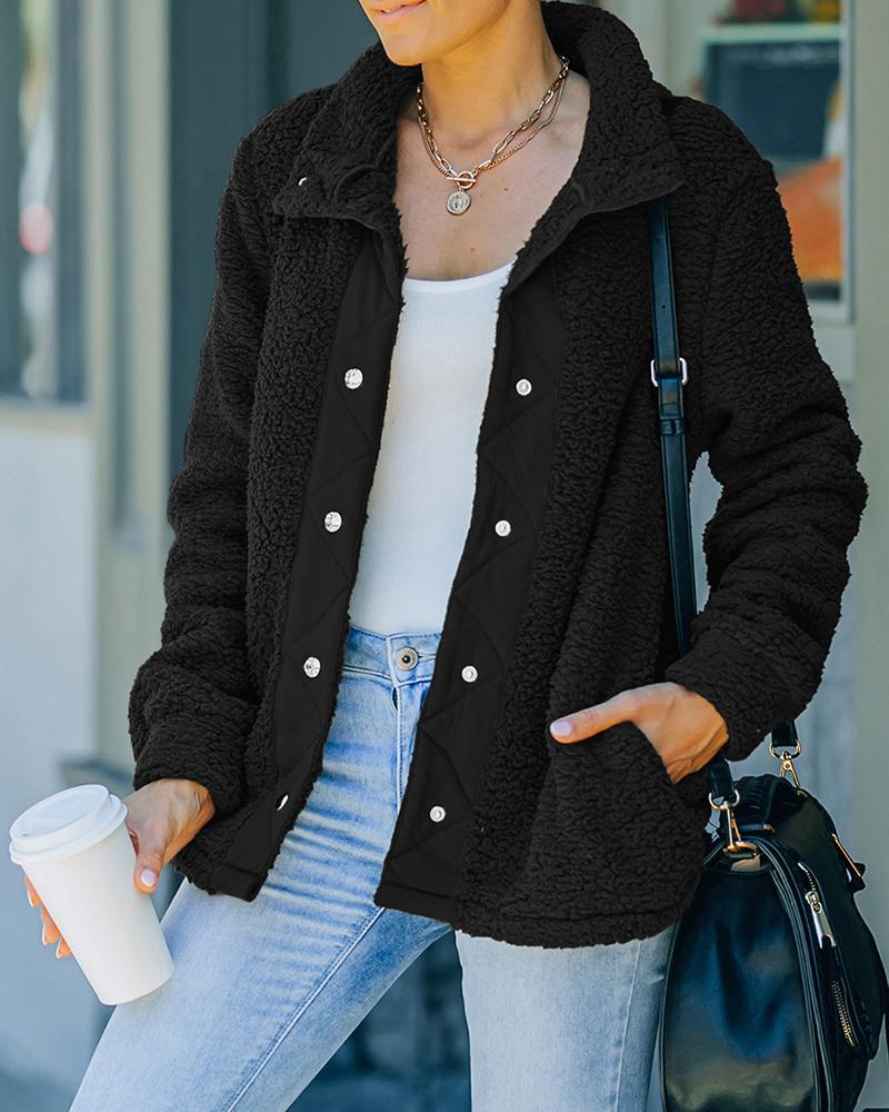 

Pocket Design Buttoned Long Sleeve Teddy Coat, Black