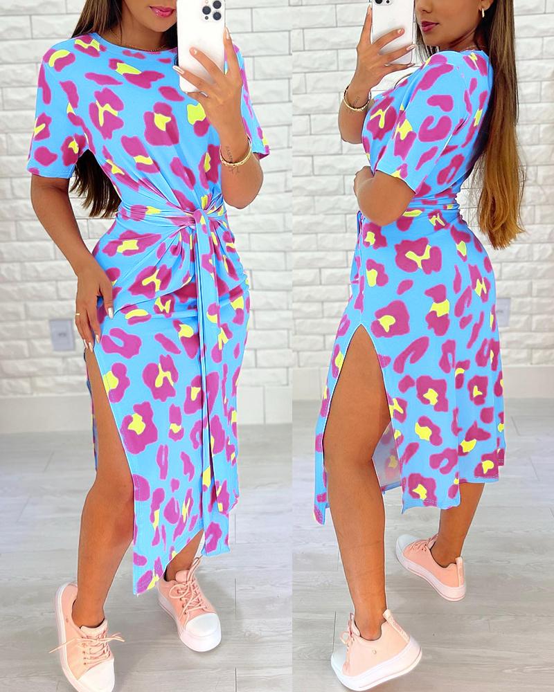 

Pink Leopard Print Tied Detail Slit Casual Dress, Lighted blue