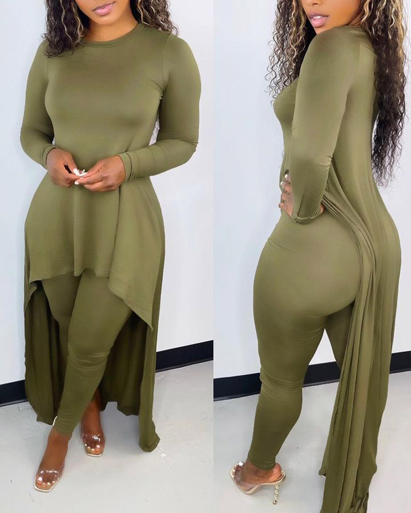 

Asymmetrical Longline Top & Pants Set, Green