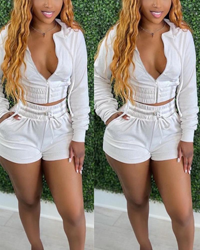 

Zip Up Drawstring Hoodie & Pocket Detail Shorts Set, White