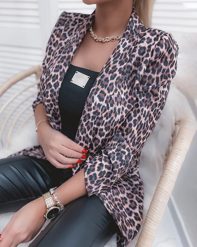 

Leopard Print Long Sleeve Blazer Coat