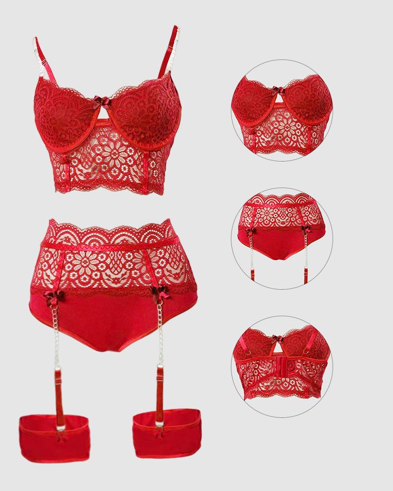 

Bow Chain Decor Lace Garter Lingerie Set, Red