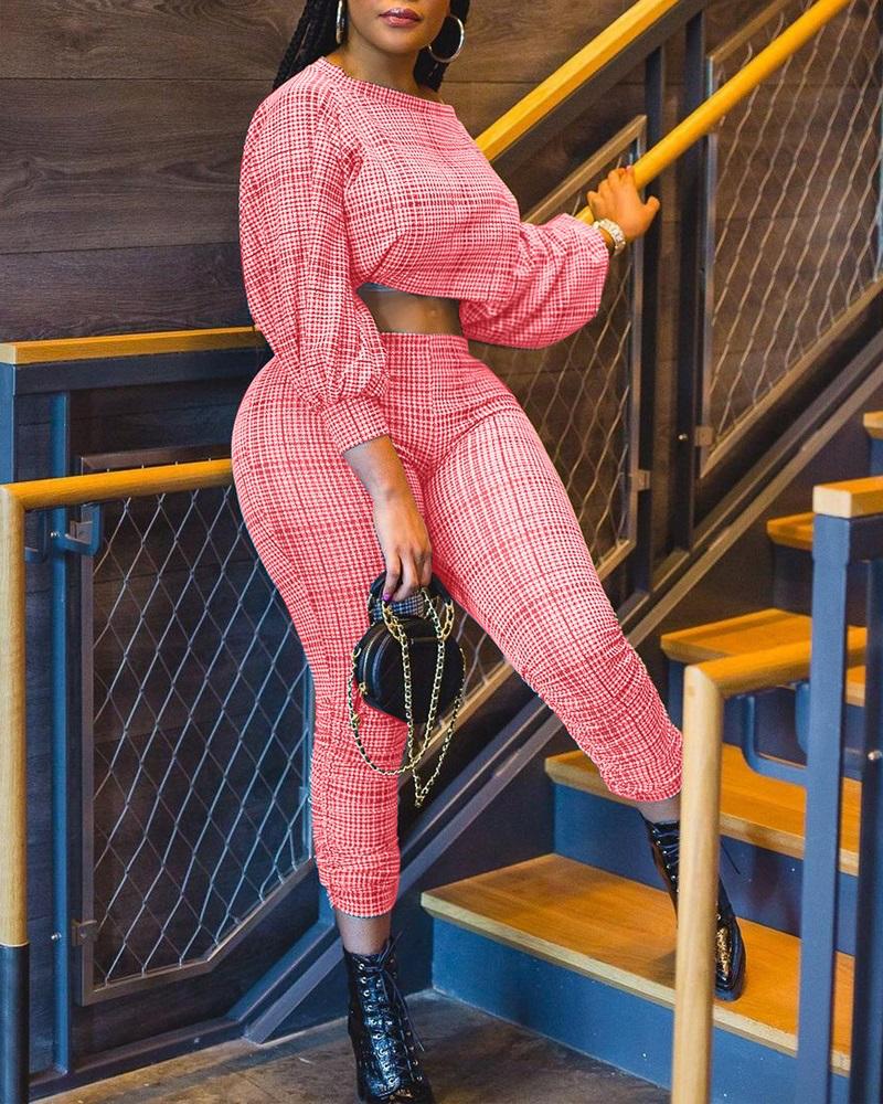 

Houndstooth Print Crop Top & Stacked Pants Set, Pink