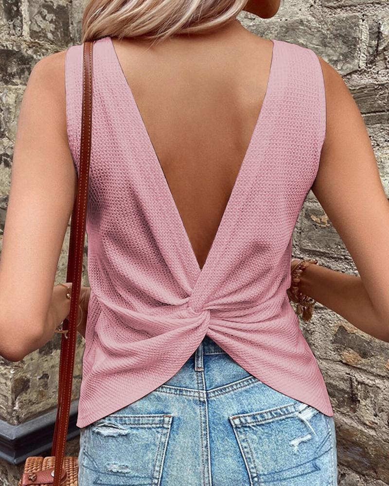 

Twisted Backless V-Neck Tank Top, Pink