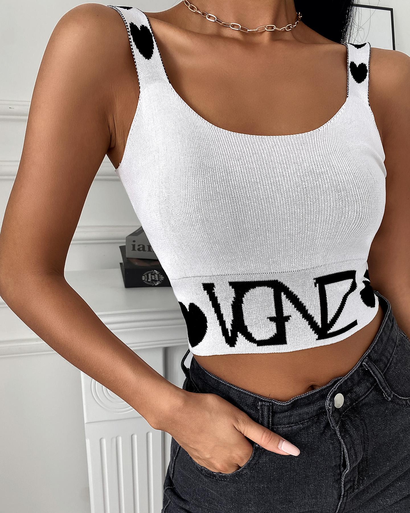 

Heart Letter Print Thick Strap Knit Top, White