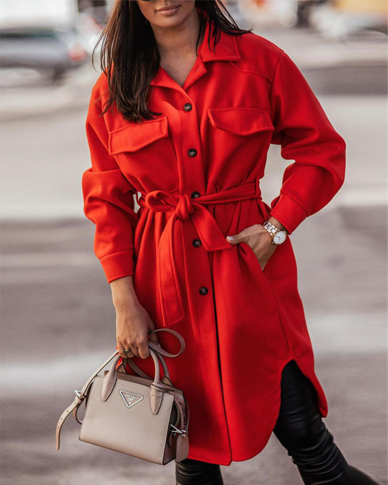 

Button Front Flap Detail Belted Longline Shacket, Red
