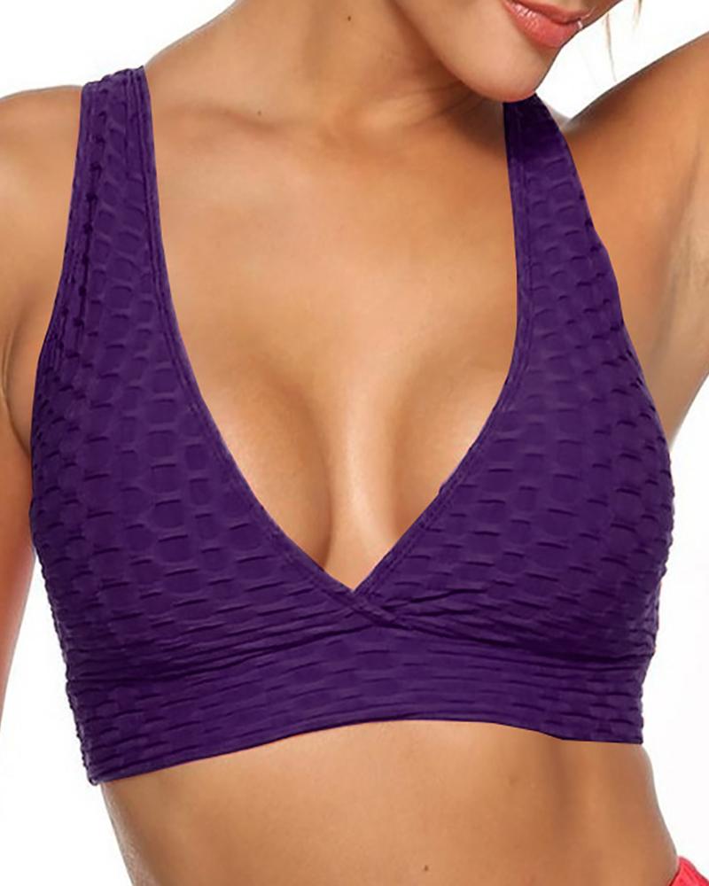 

Textured Tank Top Push Up Gym Sports Bra Breathable Elastic Bralette Workout Underwear, Purple