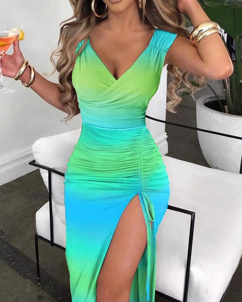 

Ombre Drawstring Ruched High Slit Dress, Green
