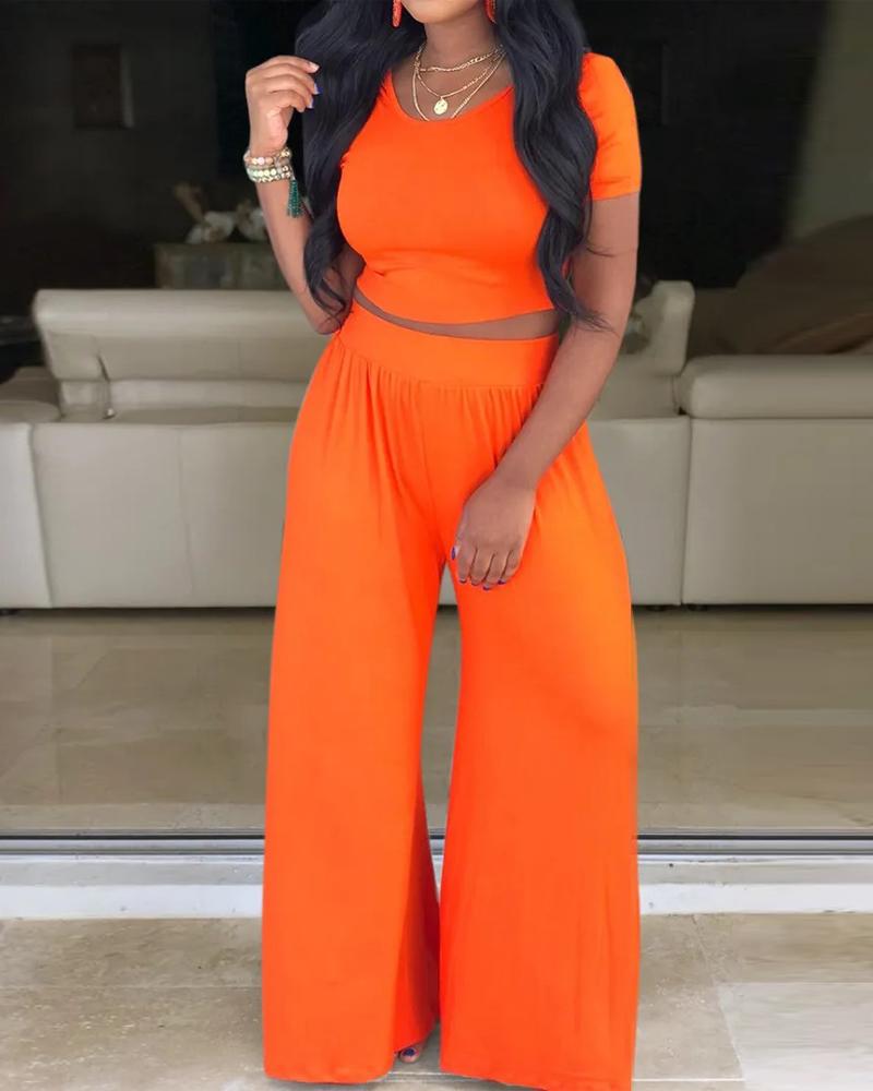 

Plain Crop Top & Wide Leg Pants Set, Orange