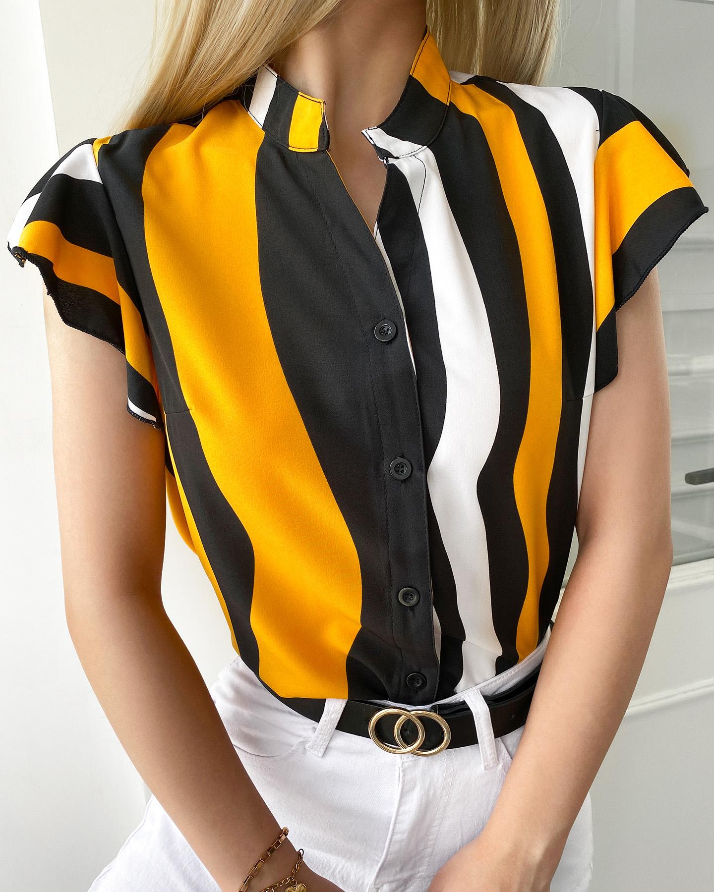 

Striped Print Colorblock Button Front Top, Yellow