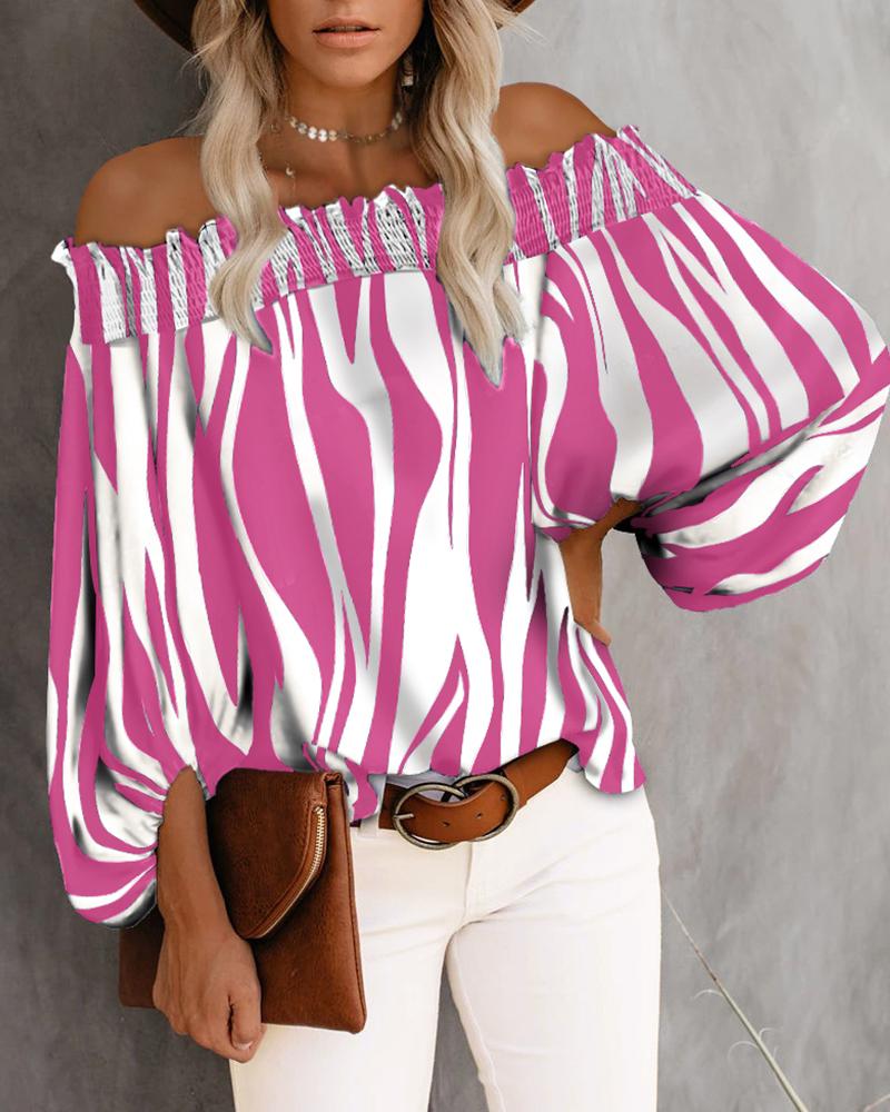 

Off Shoulder Stripe Print Lantern Sleeve Top, Hot pink