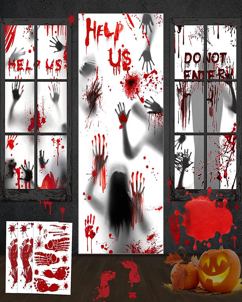 

Halloween Giant Bloody Handprint Scary Zombie Ornament 11PCS Halloween Door Cover Window Poster, Red