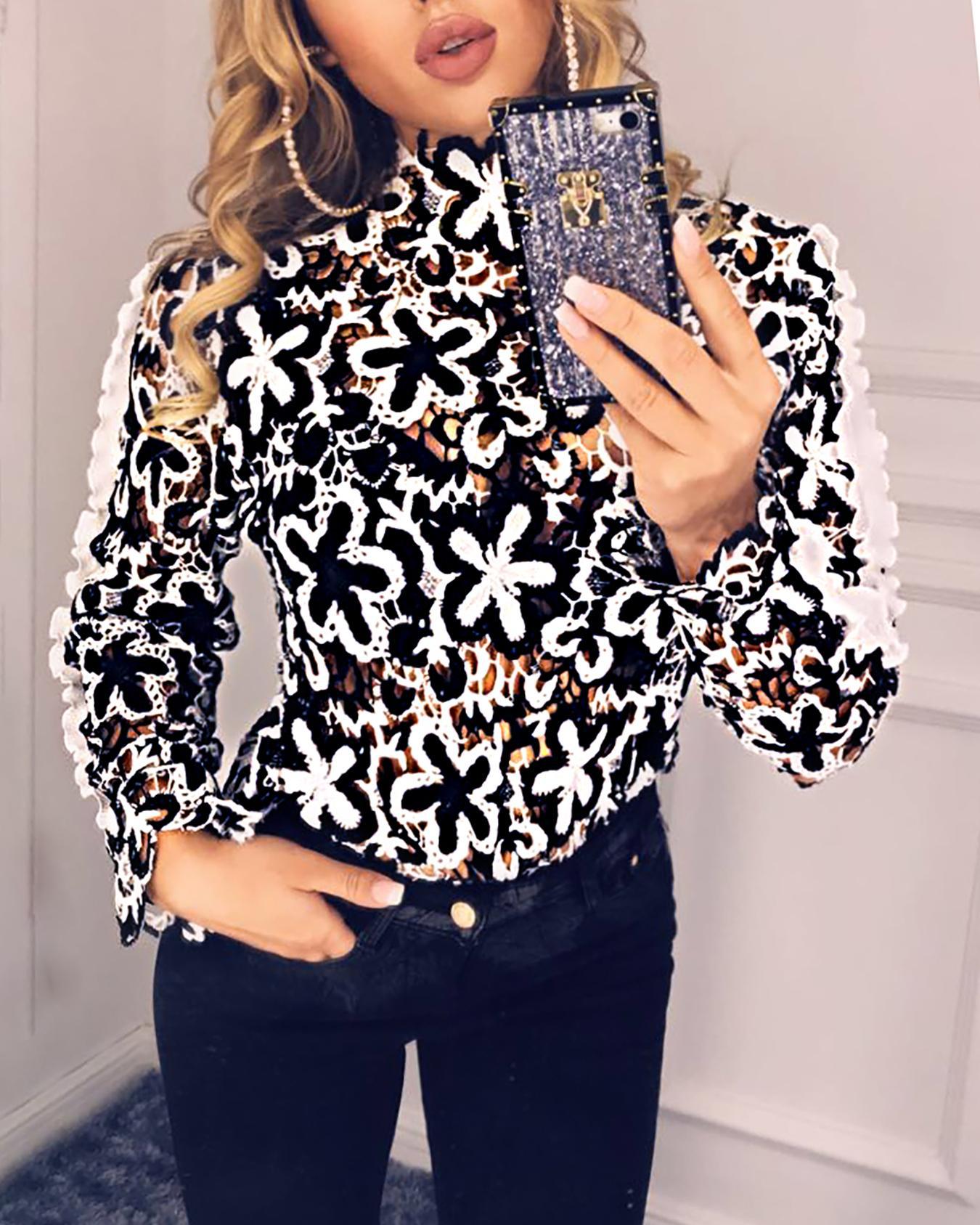 

Flower Crochet Hollow Out Lace Blouse, Black