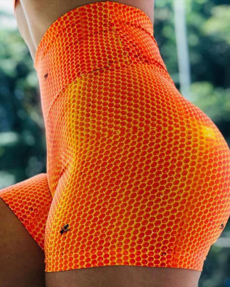

Honeycomb Bee Print High Waist Butt Lift Active Shorts, Orange