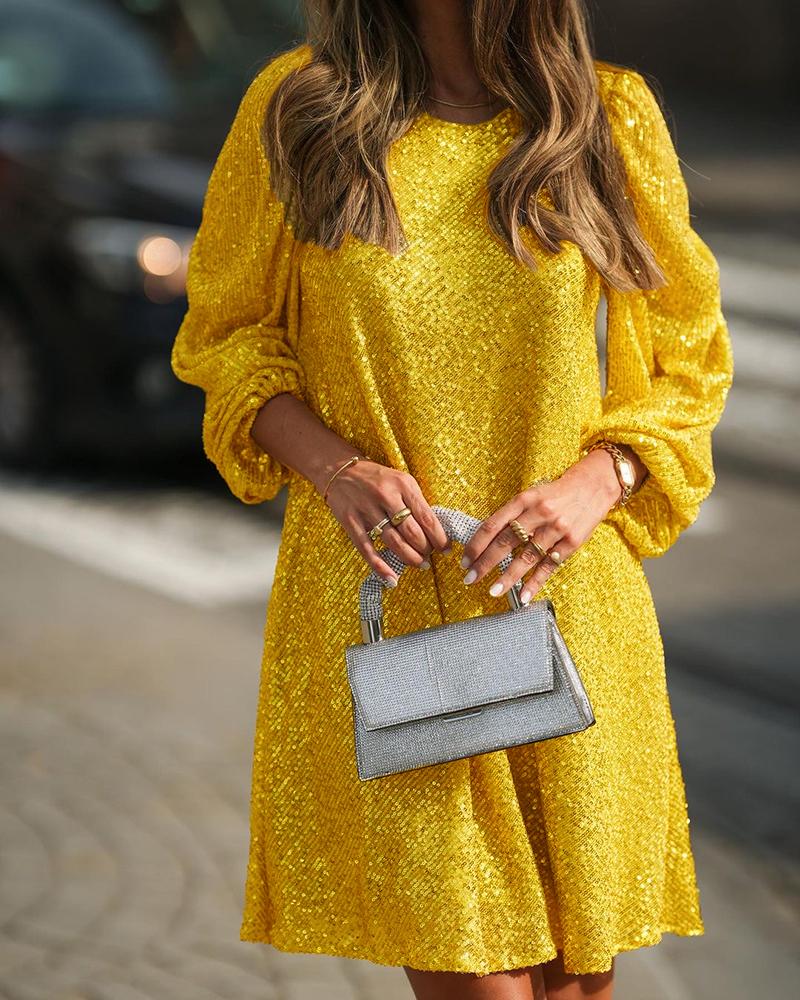 

Lantern Sleeve Round Neck Sequin Dress, Gold