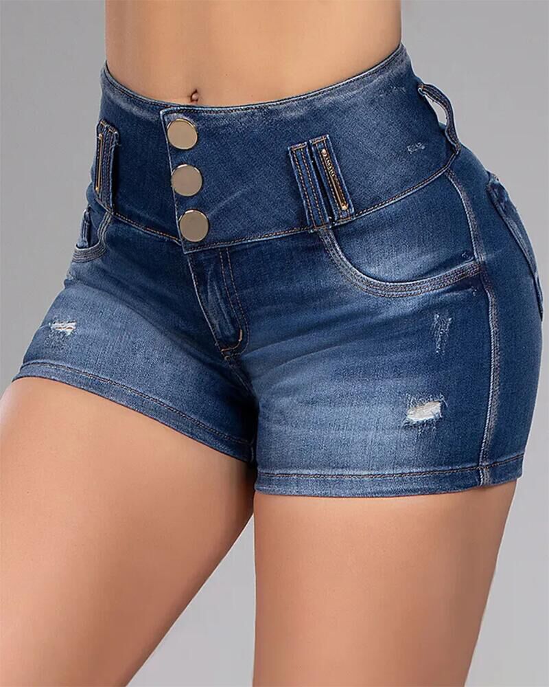 

Ripped Button Fly Denim Shorts, Purplish blue