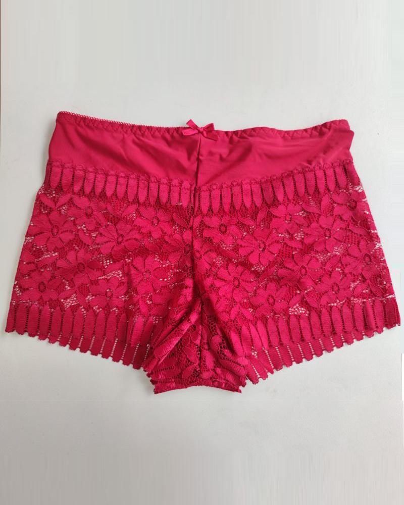 

Crochet Lace Bowknot Decor Boy Shorts, Red