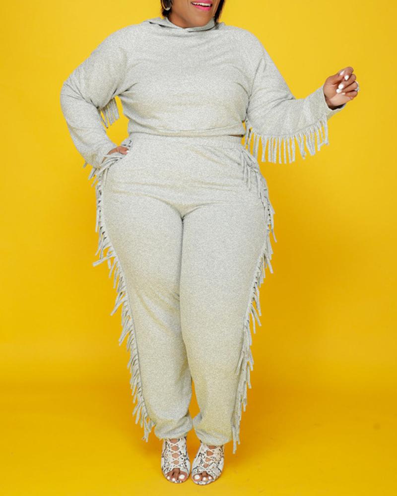 

Plus Size Tassel Trim Long Sleeve Hoodie & Pants Set, Light gray