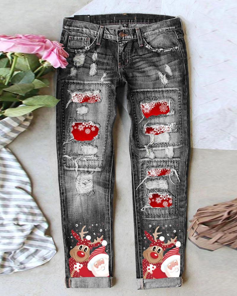 

Christmas Reindeer Santa Claus Snowflake Print Ripped Jeans, Black