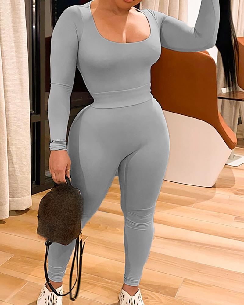 

U Neck Long Sleeve Top & High Waist Pants Set, Gray