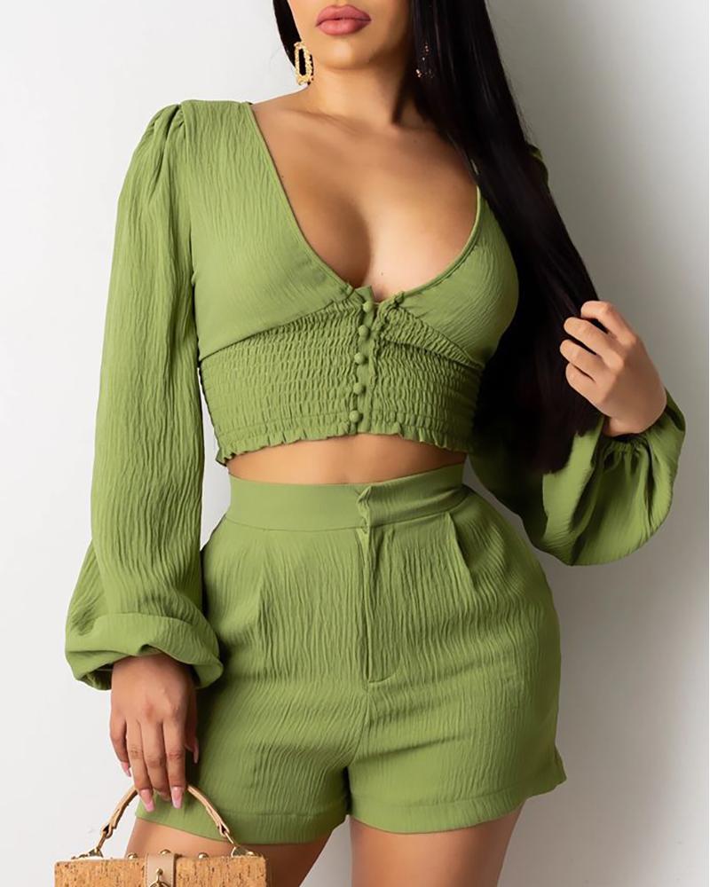 

Lantern Sleeve Buttoned Shirred Crop Top & Shorts Set, Green