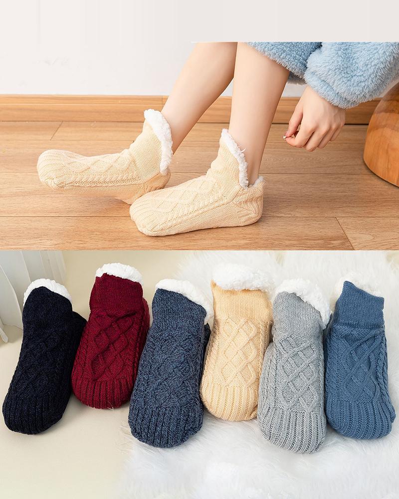 

1Pair Cable Knit Lined Non Slip Fuzzy Trim Socks, Nude