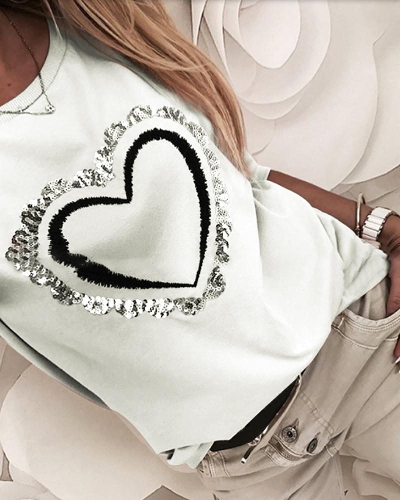 

Sequins Decor Heart Print Long Sleeve Casual Sweatshirt, White