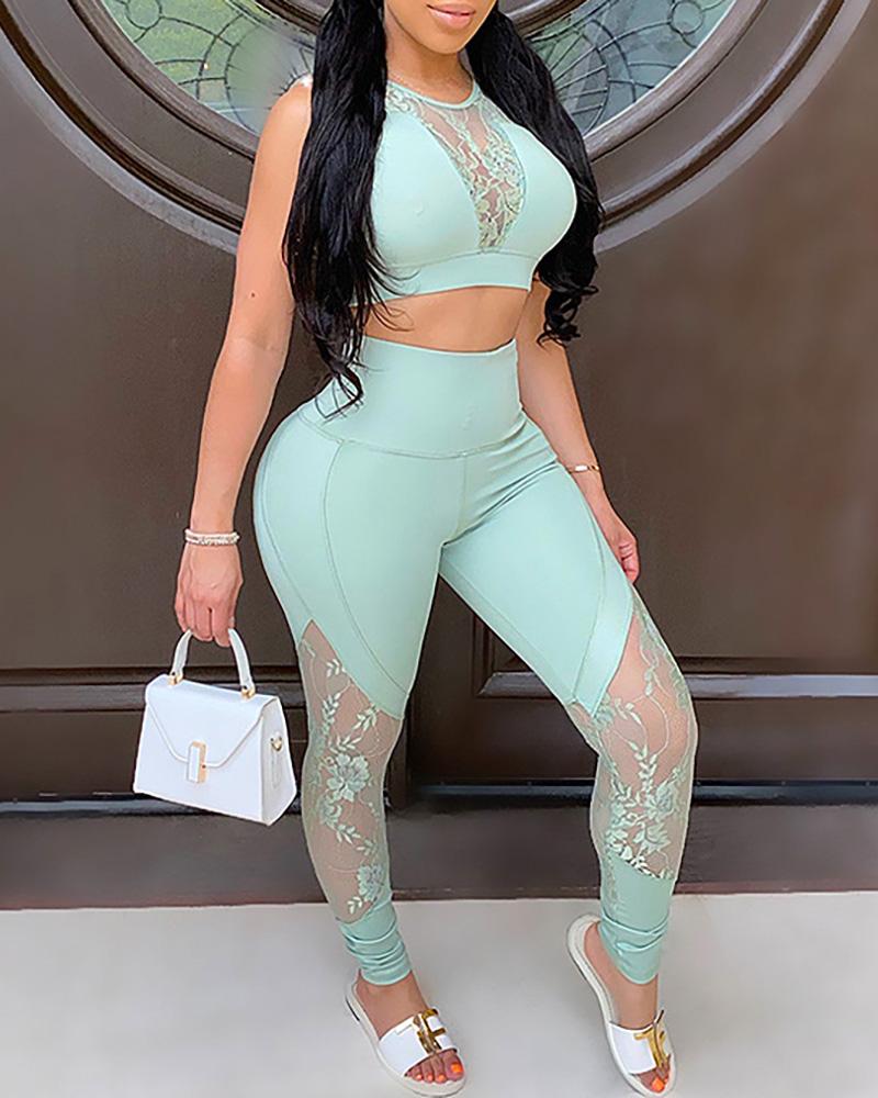 

Crochet Lace Crop Top & High Waisted Pants Set, Green