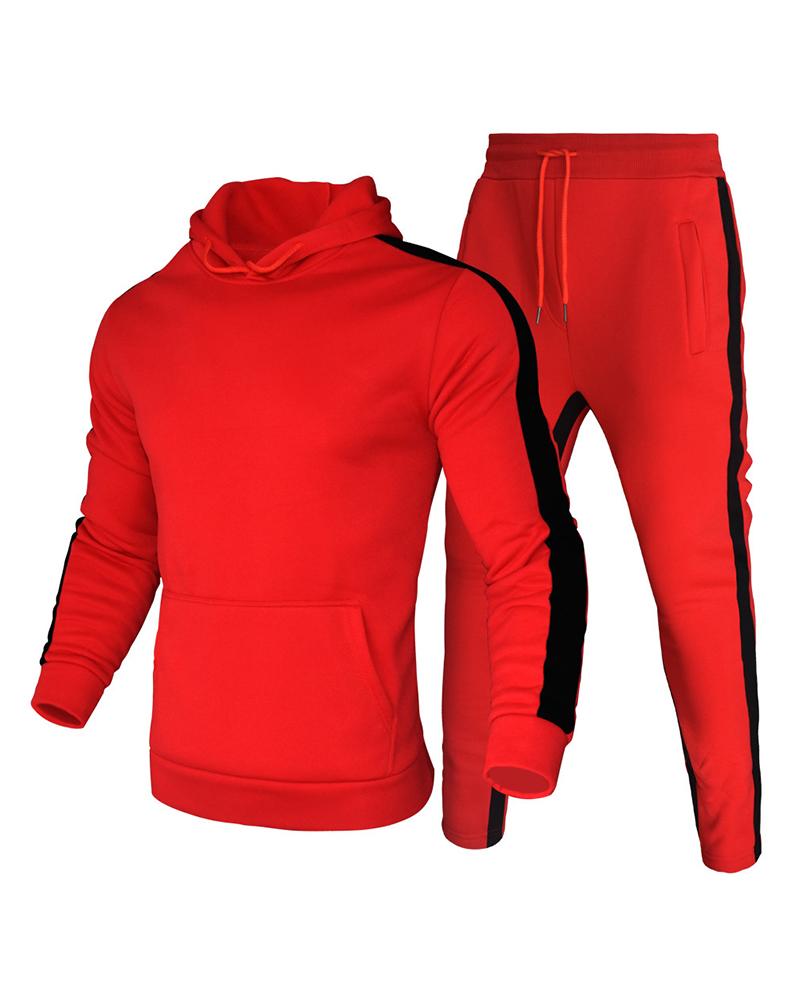 

Men Colorblock Pockets Hooded Top & Pants Set, Red
