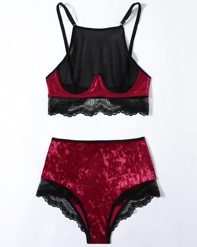 

Contrast Lace Scallop Trim Velvet Lingerie Set, Red
