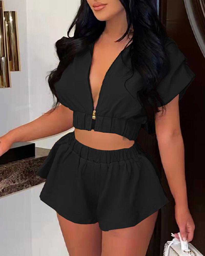 

Zip Up Hooded Crop Top & Shorts Set, Black