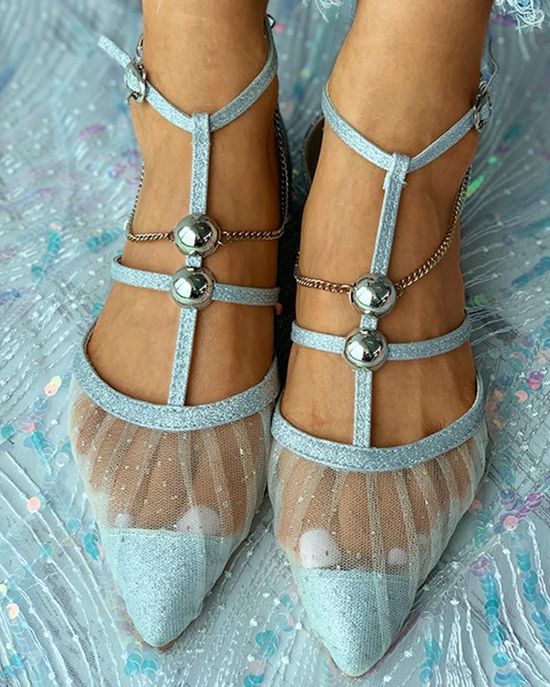 

Mesh Chain Metal Decor Pointed Toe Flats, Silver