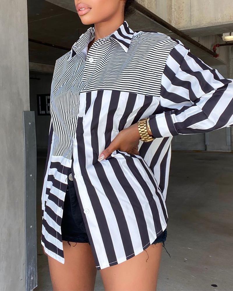 

Striped Print Buttoned Casual Shirt Dress, Black