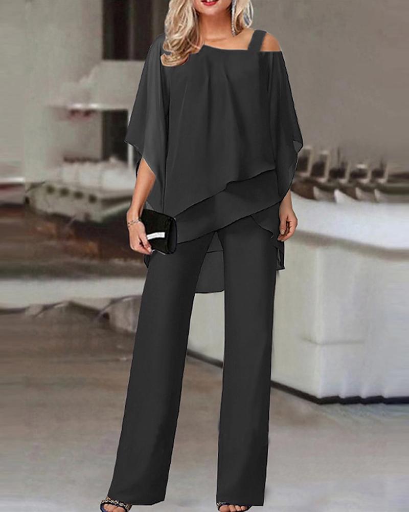 

Cold Shoulder Ruffles Top & Pants Set, Black