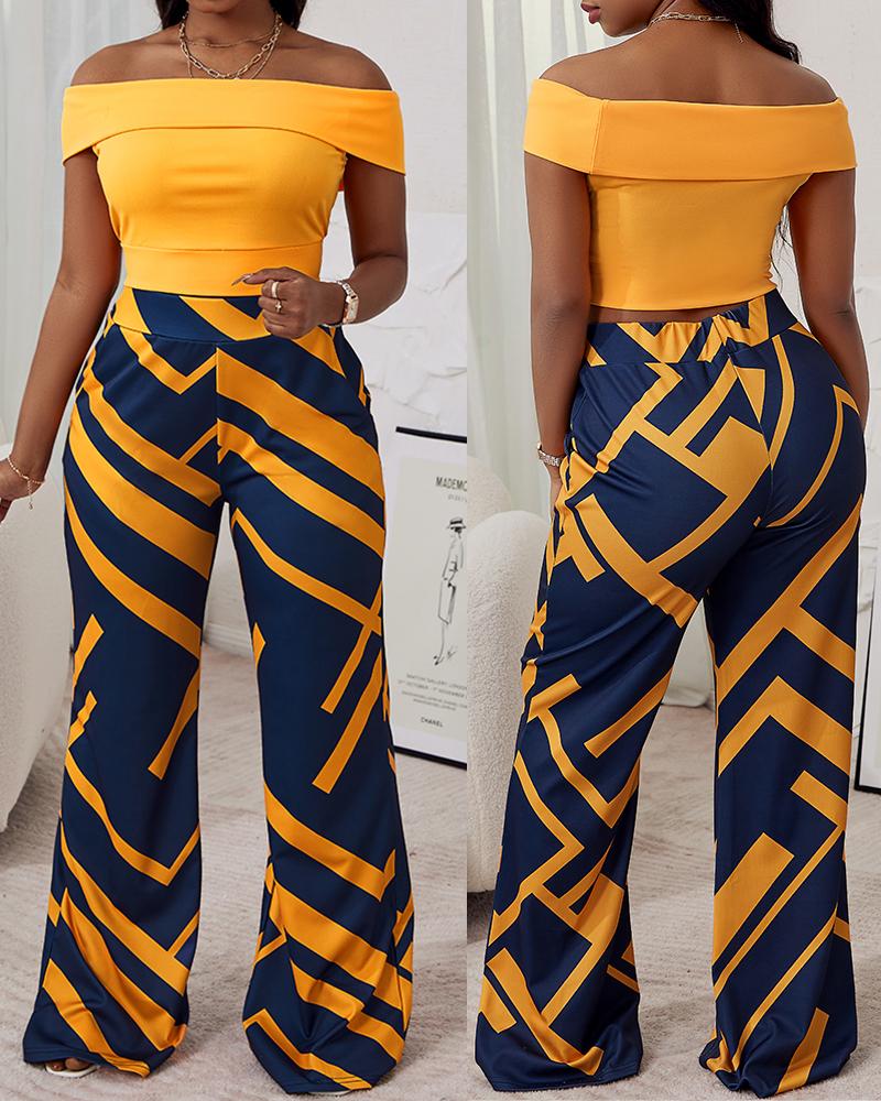 

Off Shoulder Crop Top & Geo Print Pants Set, Yellow