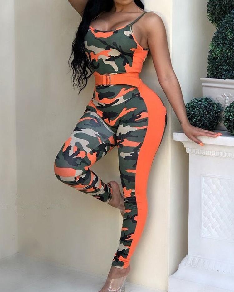 

Camo Print Belted Skinny Spaghetti Strap Jumpsuits, Orange