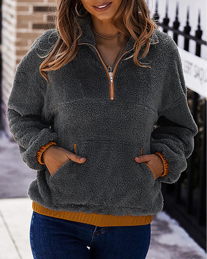 

Long Sleeve Fluffy Zipper Pocket Design Top, Dark grey