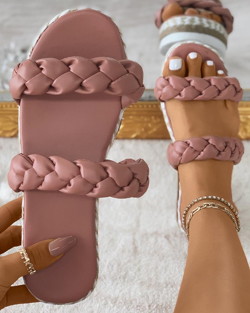 

Braided Double Band Woven Flax Slipper, Pink