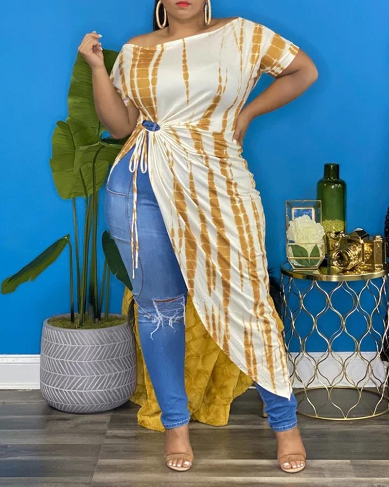 

Plus Size Tie Dye Print Asymmetrical High Slit Dress, Yellow