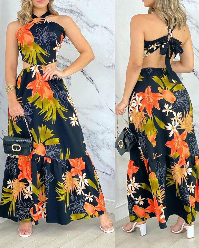 

Halter Tied Detail Floral Print Maxi Dress, Black