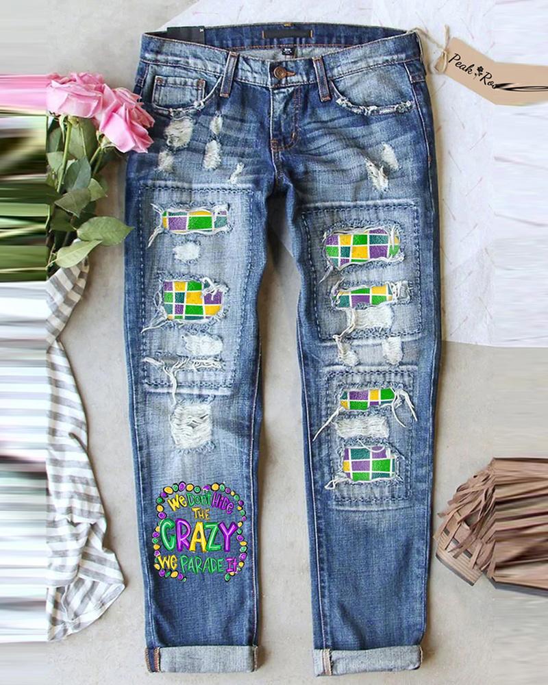 

Mardi Gras Plaid Letter Print Patchwork Jeans, Blue