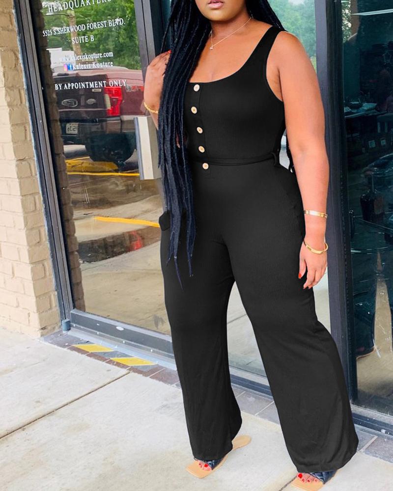 

Button Decor Sleeveless U-Neck Belted Jumpsuit, Black