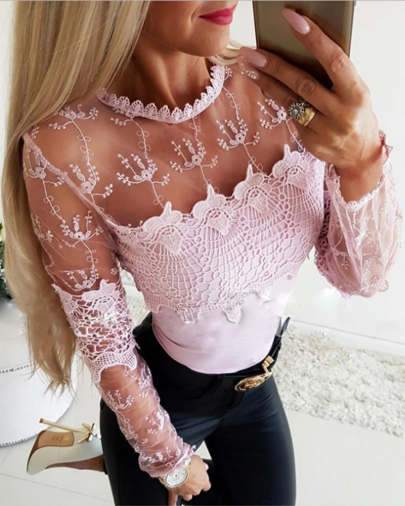 

Sheer Mesh Lace Insert Casual Blouse, Light pink